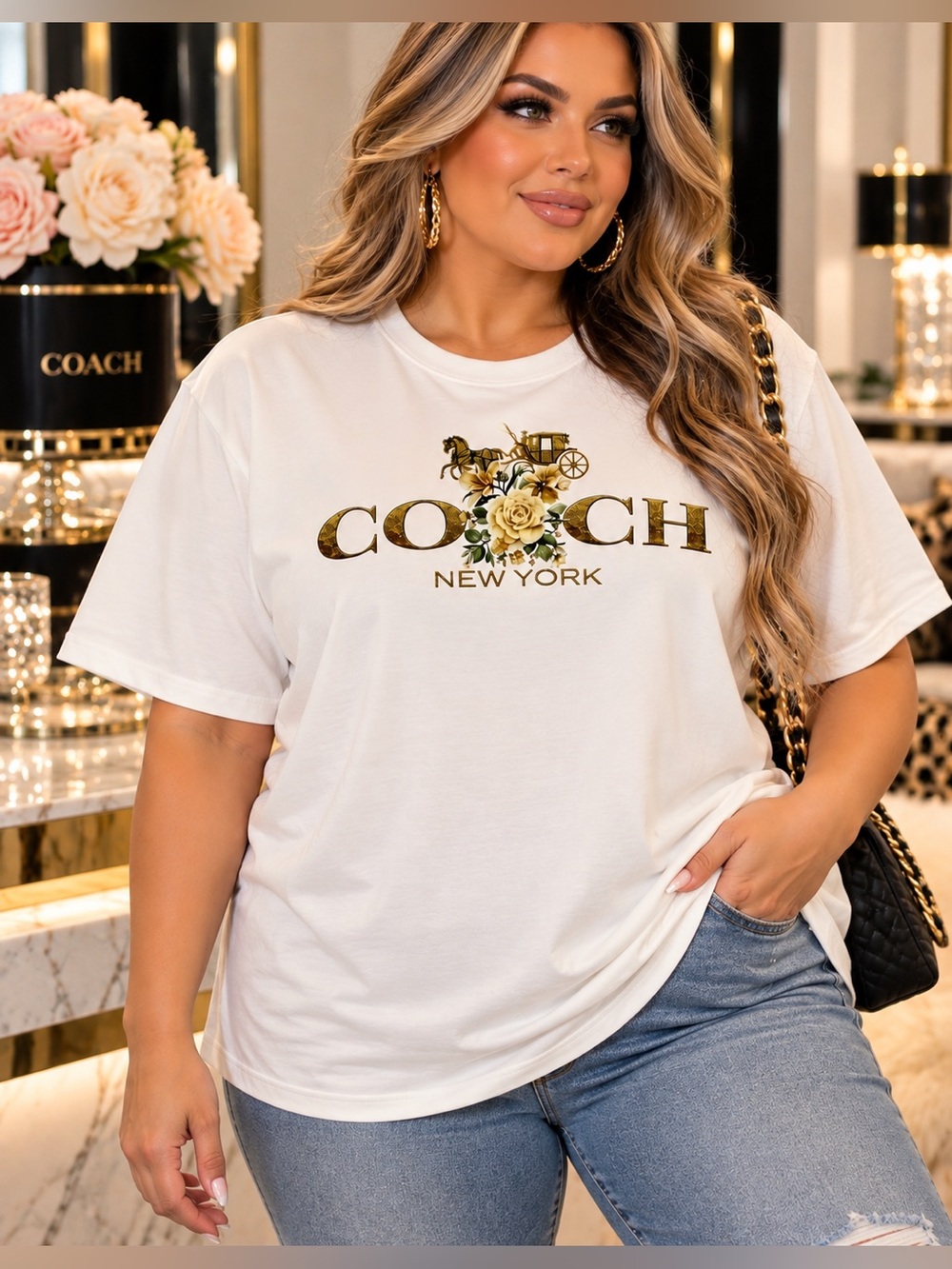White Short Sleeve Coach New York Floral Horse & Carriage Graphic T-Shirt